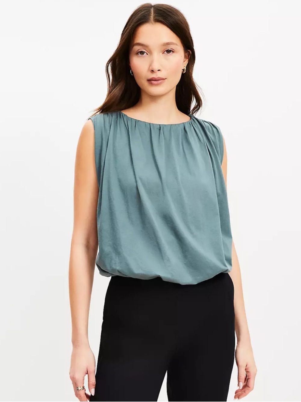 LOFT Dusty Teal Ruched Bubble Hem Shell